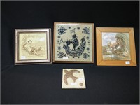Four tiles, three framed from 4" square to 8"
