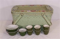 Painted Picnic Hamper W/ Green and White China