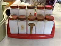 VINTAGE MILK GLASS SPICE JARS WITH STAND