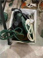 box lot of cords, timers and surge protectors