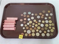 Rolled Pennies, Assorted Foreign Coins, etc