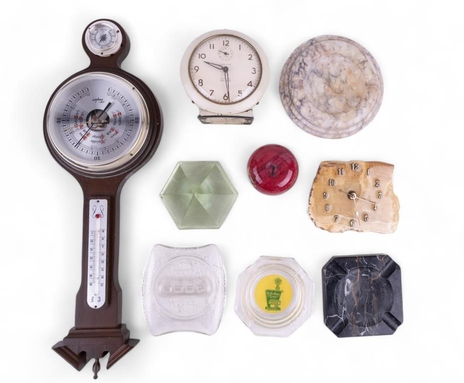 Vintage Clocks, Barometer, Paper Weights, Ashtrays