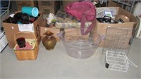 Household items including ruby glasses, travel