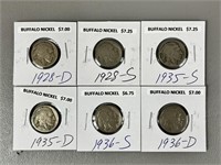 Six Buffalo Nickel Coins