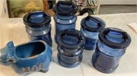 Blue glass L.E Smith Milk Jugs 1960's cow pottery