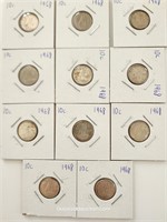 1968-Eleven-10 Cent Canadian Silver Content Coins