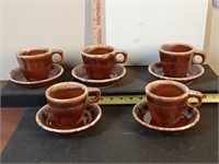 5  Hull brown dip glaze cups & saucers