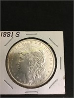 1881-S MORGAN SILVER DOLLAR, HIGHER GRADE COIN