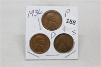 1936 P,D,S Lincoln cents