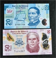EL BANCO DE MEXICO 20 50 PESOS BANK NOTE BILLS