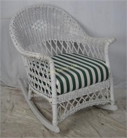White Wicker Rocking Chair W/ Striped Cushion