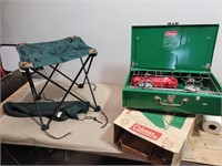 Camp Seat /Table and NOS  Coleman 2 Burner Stove