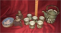 Stoneware set, candle holders, tray