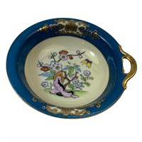Hand-Painted Porcelain Dish with Blue and GoldTrim