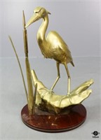 Brass Crane Figurine on Wood Base