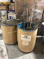 Two Cardboard Storage Barrels, Long Handle Tools