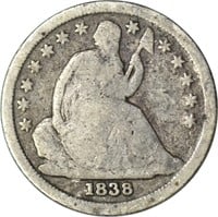 1838 SEATED LIBERTY DIME - GOOD, OBV CORROSION