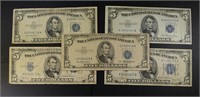 $5 SILVER CERTIFICATES: 5 NOTES 1953 & OLDER