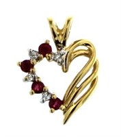14kt Gold Natural Ruby & Diamond Heart Pendant