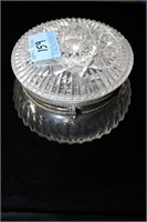 CUT CRYSTAL DISH WITH HINGED LID AND SILVER PLATE