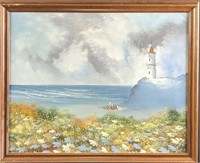 Original Framed Oil On Canvas Lighthouse