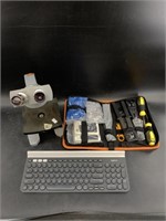 Lot of 3: Spenser microscope, electrician's kit an