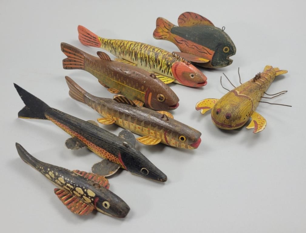 7 Folk Art Carved Wood & Metal Fishing Decoys.