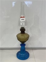 Blue & Amber Glass Kerosene Lamp.  Height 535mm