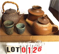 2 pottery tea pots, cup, jar