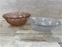 Pink serving bowl and clear glass bowl