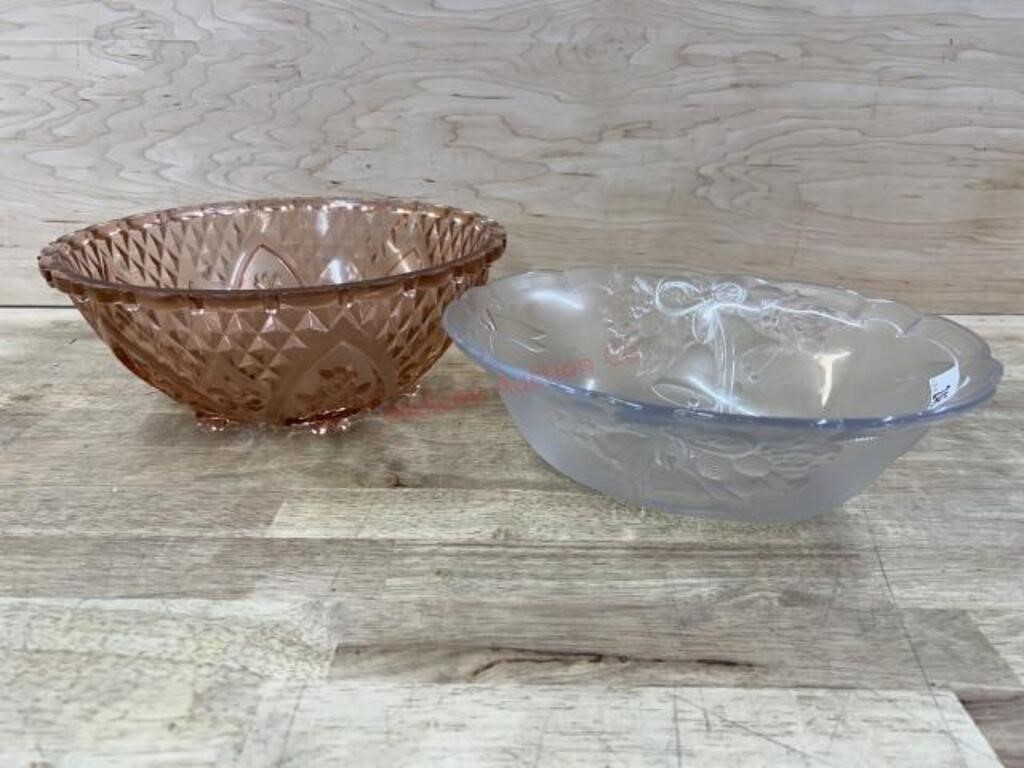 Pink serving bowl and clear glass bowl