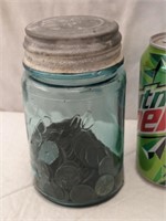 Approx. 180 Wheat Pennies in Blue Ball Jar