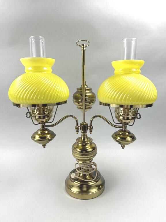 Brass Double Arm Student Lamp w/ Yellow Shades.