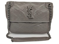 Gray Crinkled Leather Chain Strap Half-Flap Bag