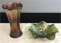 TWO CARNIVAL PIECES: VASE, DISH