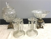 4 PC LOT: MARBLE BASE BRASS/GLASS CANDY JAR,