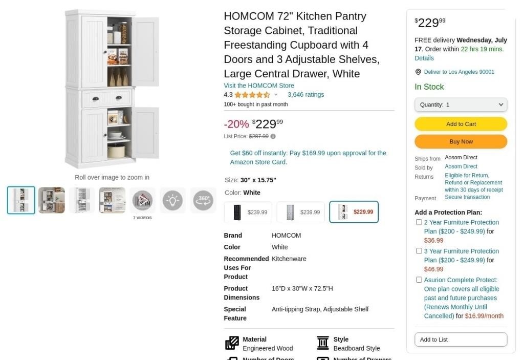 W8736  HOMCOM Kitchen Pantry Cabinet White 30 x