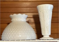 Hobnail milk glass lamp shade and vase