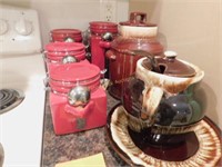 McCoy cookie jar, Pfaltzgraff bean pot, canisters