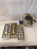3 Vintage Ice Cube Trays & Water Pitcher