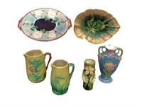 Assorted Majolica Pitchers, Vases, Plate