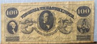 Virginia treasury note $100. Banknote copy