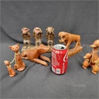70's Era animal wood carvings, monkeys, ,panther