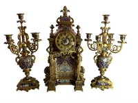 French Champleve  Enameled Bronze Clock Set