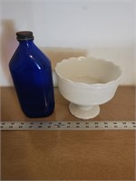 Milk glass pedestal bowl & Cobalt glass bottle