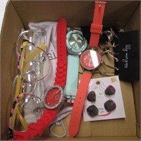 BOX OF FASHION WATCHES, & JEWELRY