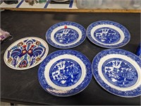 4 VTG English Patternware Plates & Rooster Plate