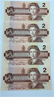 1986 Two Canadian Dollar Bills (4qty)
