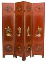 ASIAN RED LACQUER FOUR PANEL FOLDING SCREEN