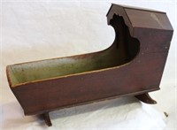 LATE 18TH C. HOODED CRADLE, PINE, W/ OLD BLUE